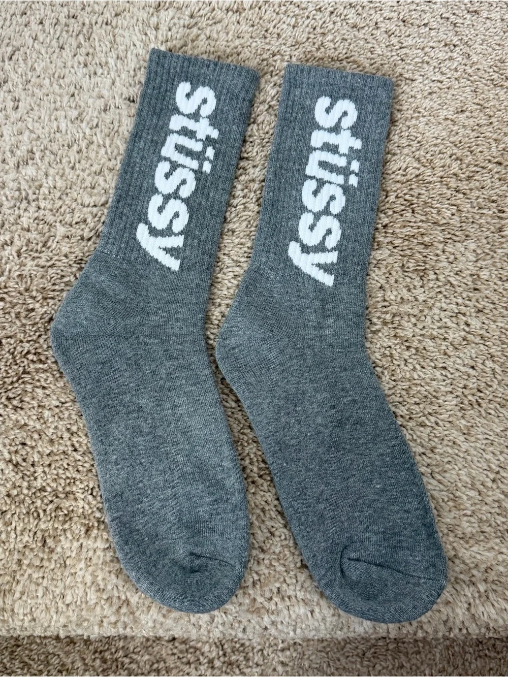Stussy Gray Crew Socks with White Logo